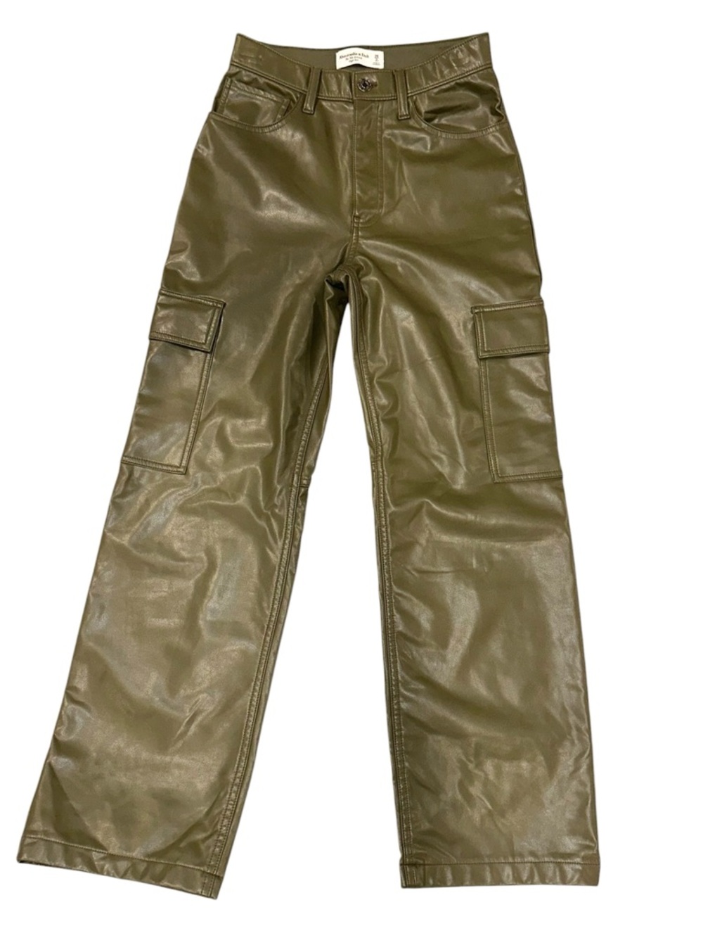 Abercrombie & Fitch 90s Relaxed High Rise Olive Vegan Leather Cargo Pants 26/2s - Picture 6 of 10